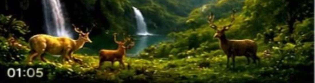 Deer near a waterfall in a lush green forest